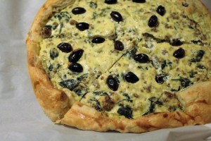 My Spinach, Olive, Leek and sausage Tart.